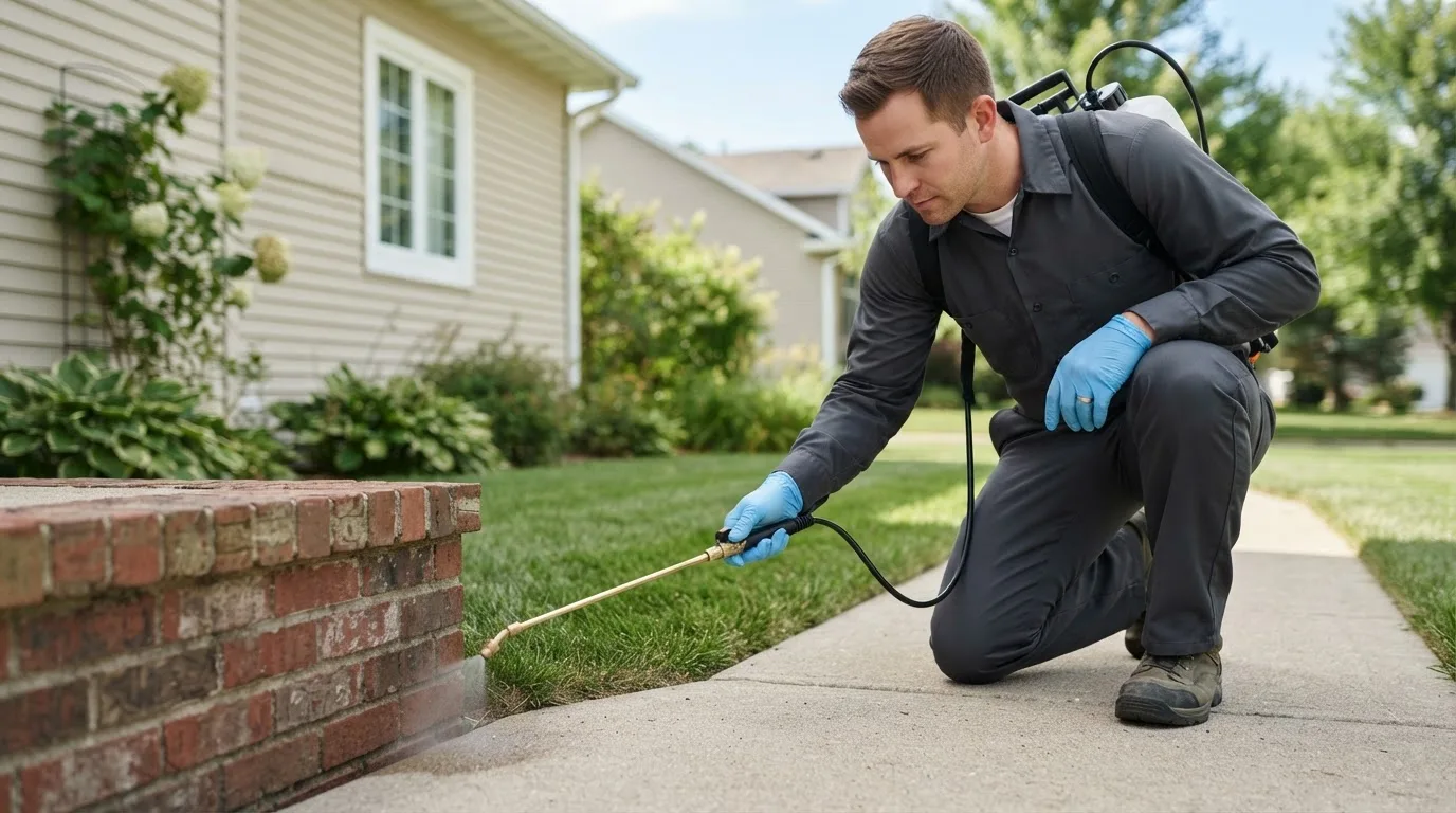 Pest control technician treating a home near Acushnet, MA