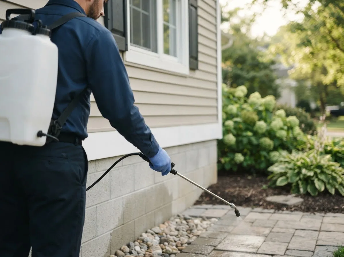 Pest control technician inspecting a home in Acushnet, MA